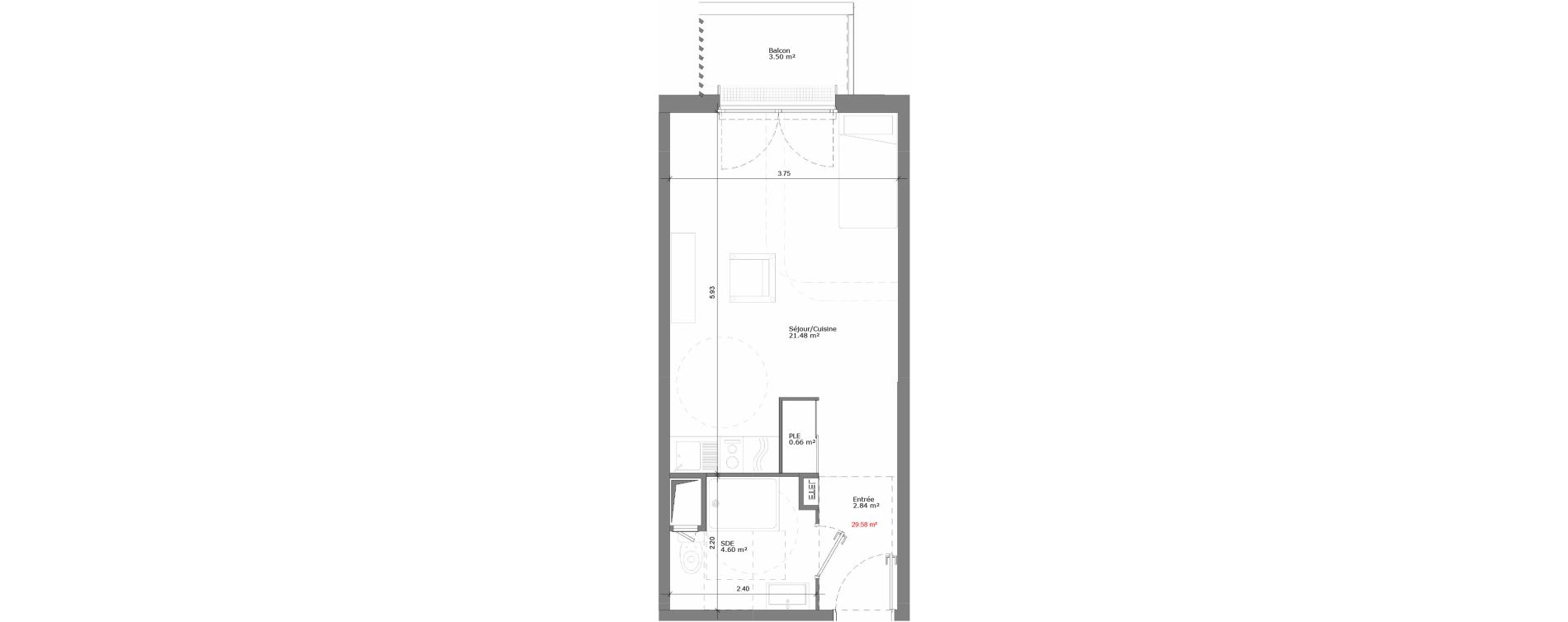 Appartement T1 de 29,58 m2 &agrave; Rouen Pasteur