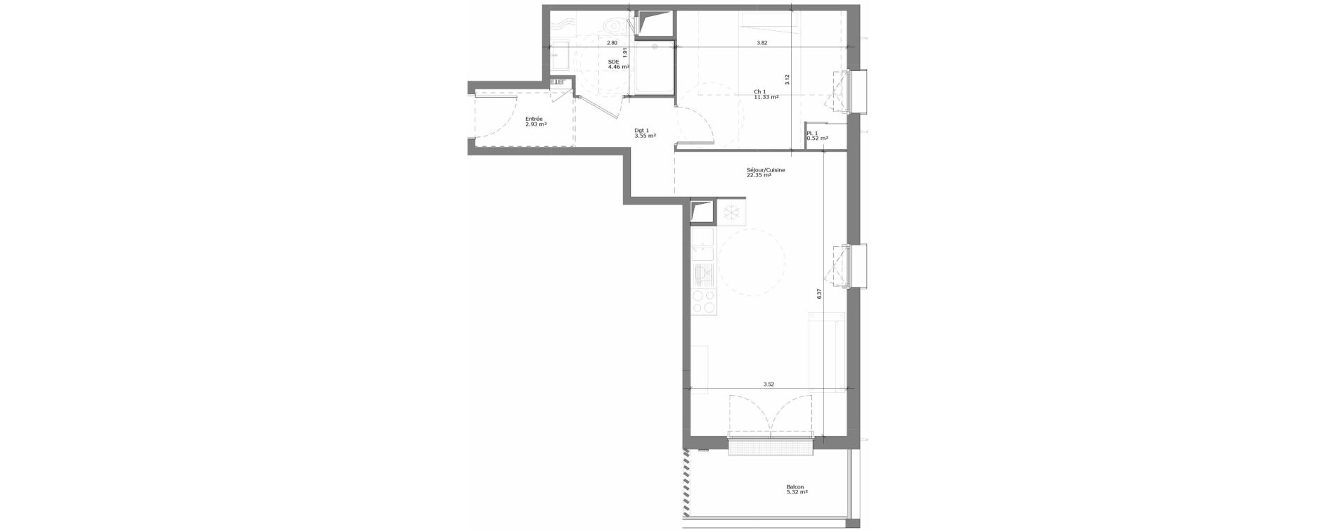 Appartement T2 de 45,14 m2 &agrave; Rouen Pasteur