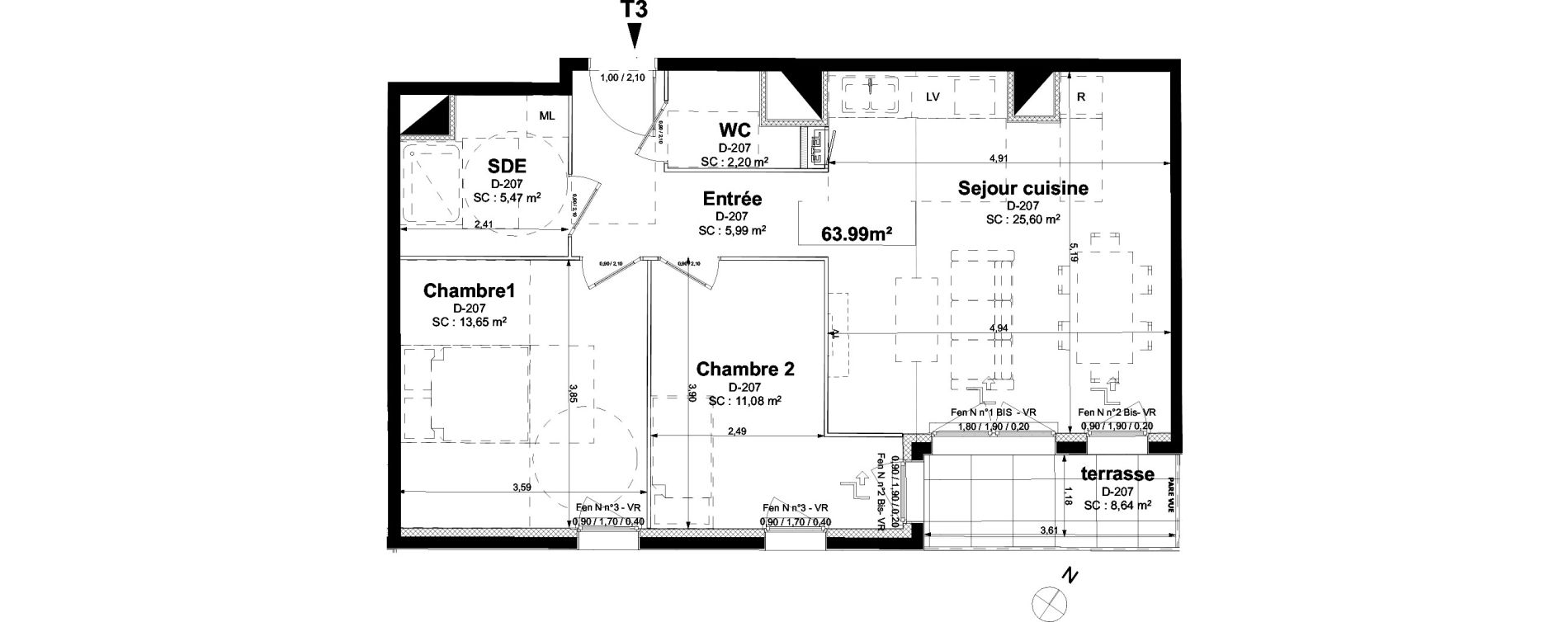 Appartement T3 de 63,99 m2 &agrave; Sotteville-L&egrave;s-Rouen Centre