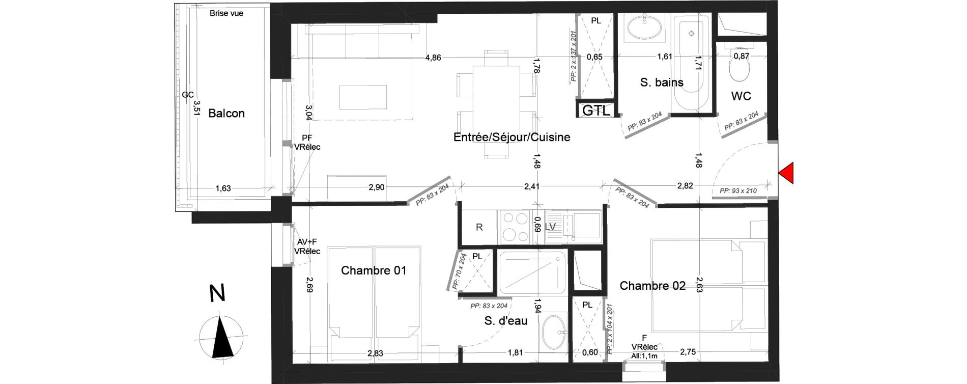 Plan appartement T3 de 44,90 m² neuf, résidence « RT L'Orée du Parc 2 ...