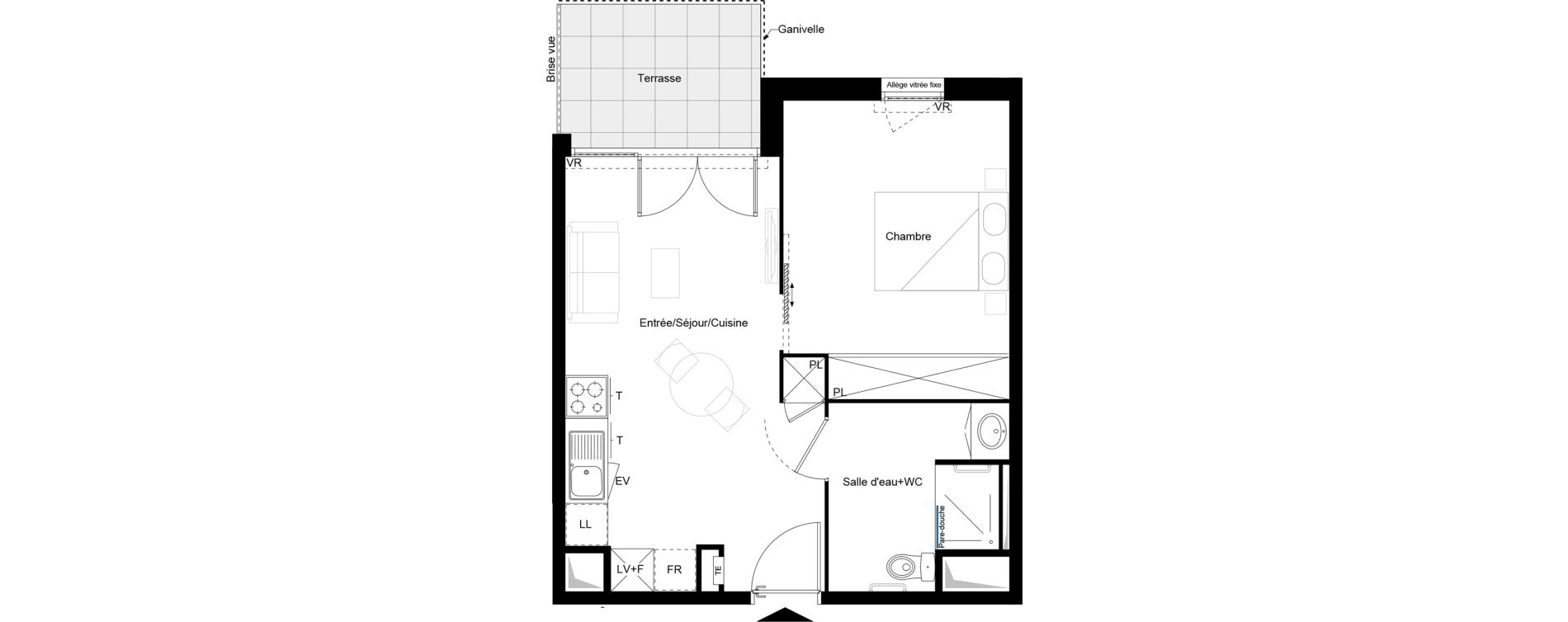 Appartement T2 meubl&eacute; de 39,75 m2 &agrave; Brive-La-Gaillarde Caserne