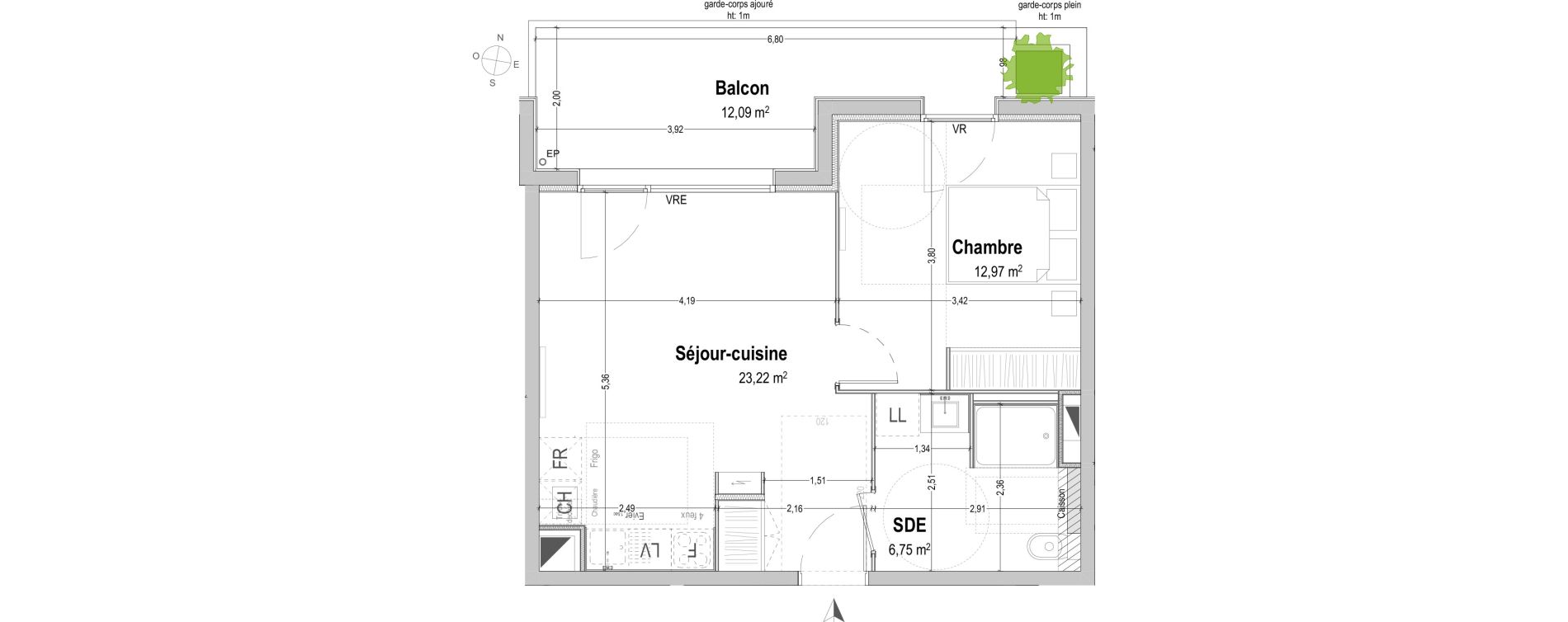 Appartement T2 de 42,94 m2 &agrave; B&egrave;gles Sembat