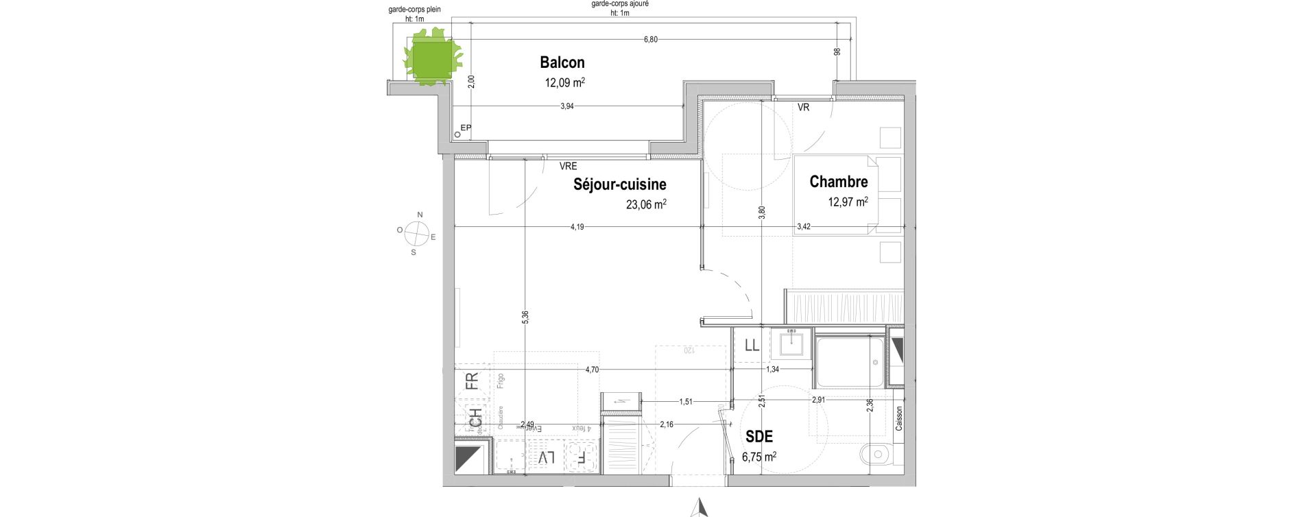 Appartement T2 de 42,78 m2 &agrave; B&egrave;gles Sembat