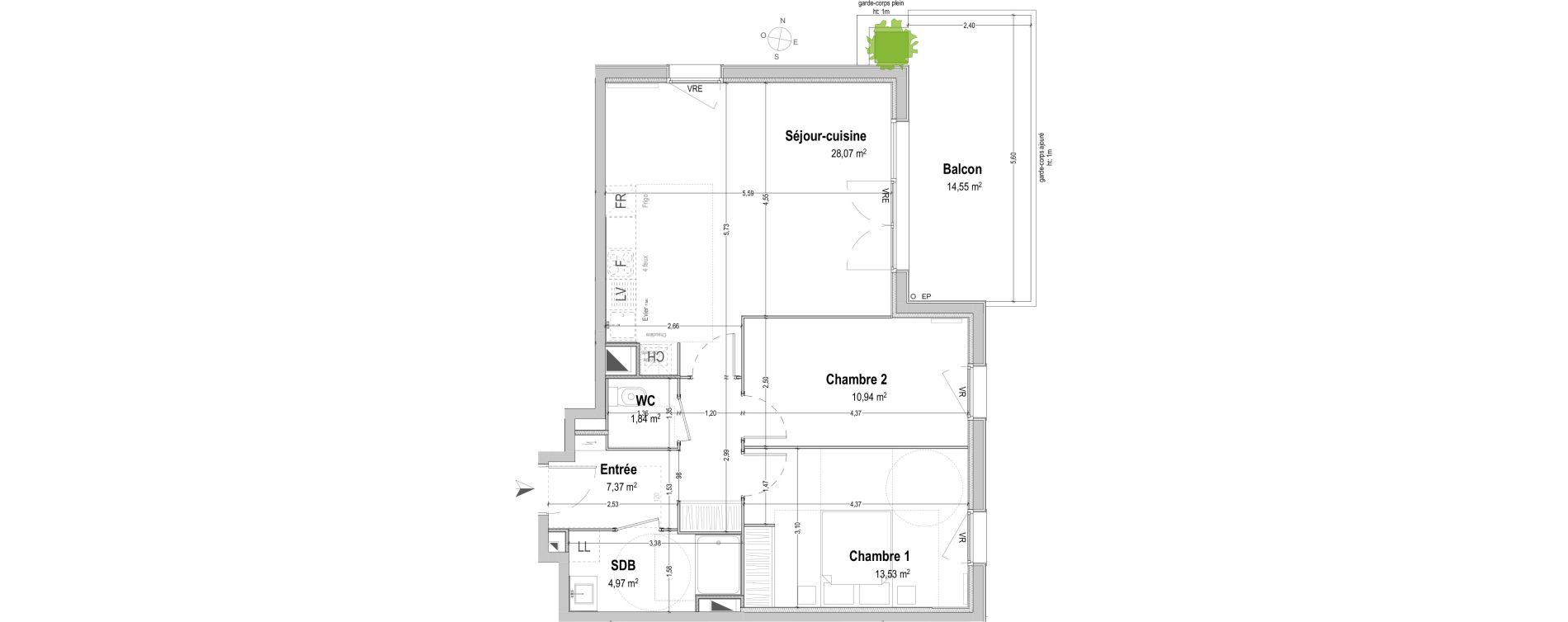 Appartement T3 de 66,72 m2 &agrave; B&egrave;gles Sembat