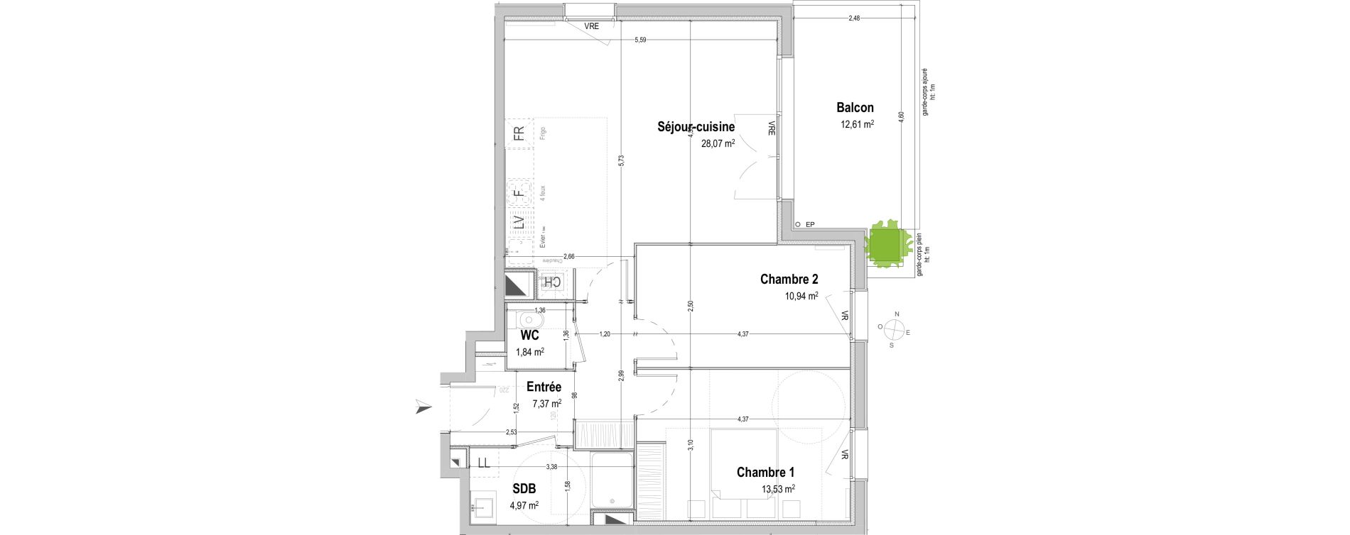 Appartement T3 de 66,72 m2 &agrave; B&egrave;gles Sembat