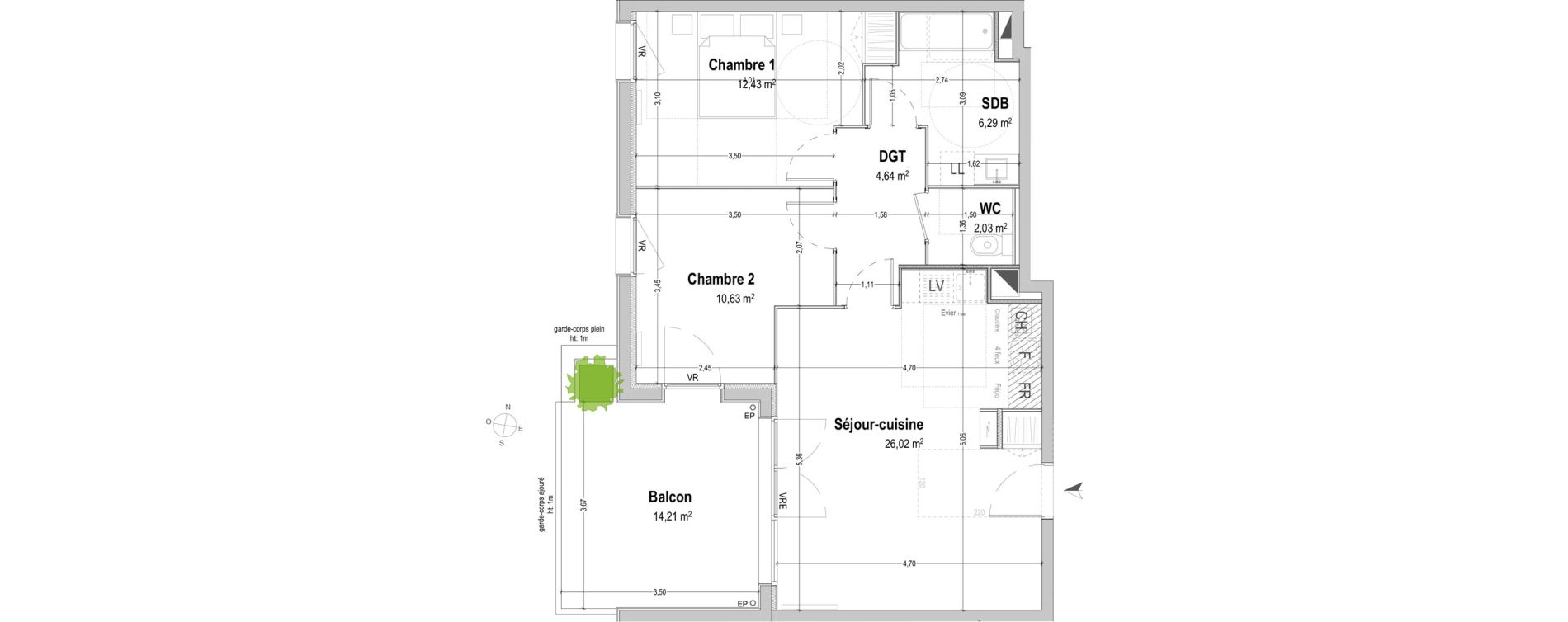 Appartement T3 de 62,04 m2 &agrave; B&egrave;gles Sembat