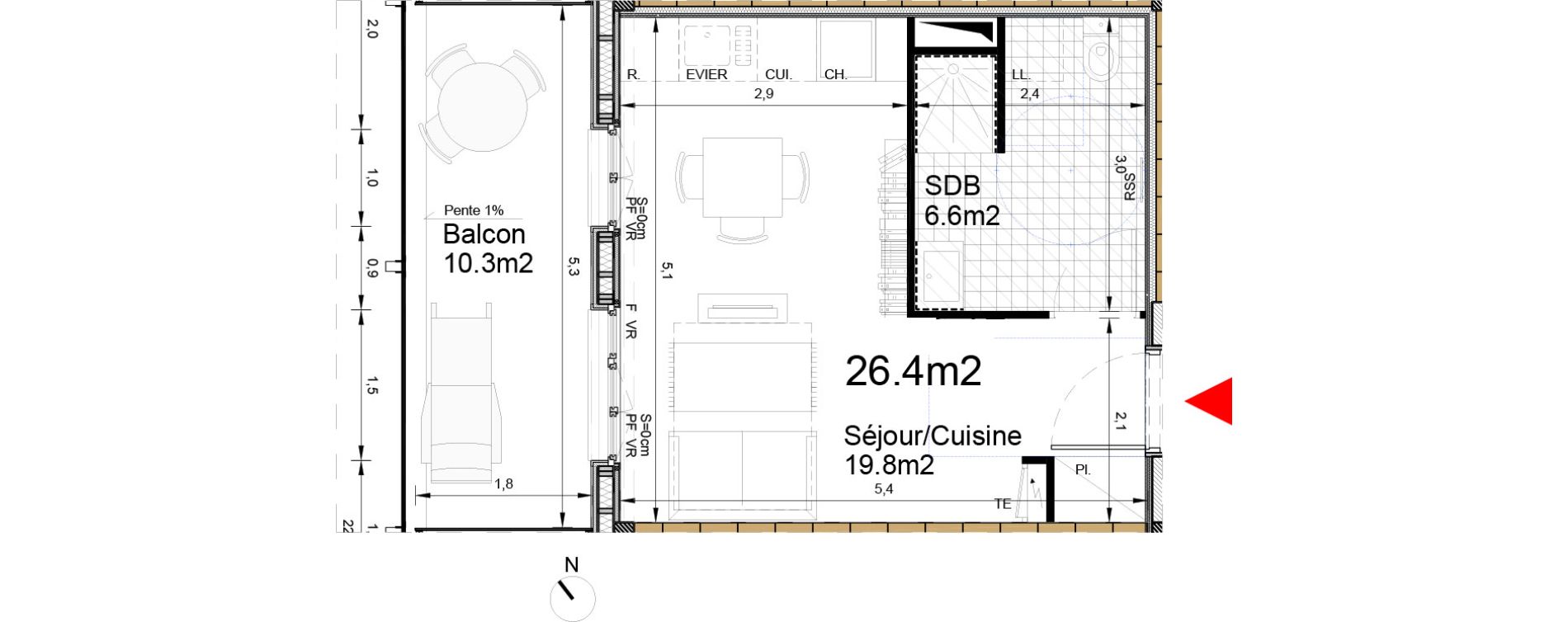 Appartement T1 de 26,40 m2 &agrave; Biganos Centre