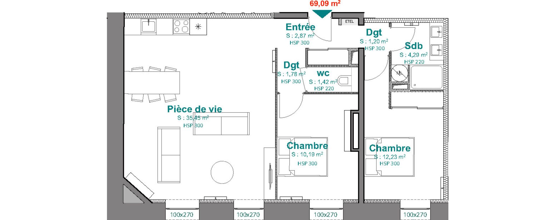 Appartement T3 de 69,43 m2 &agrave; Bordeaux Capucins victoire