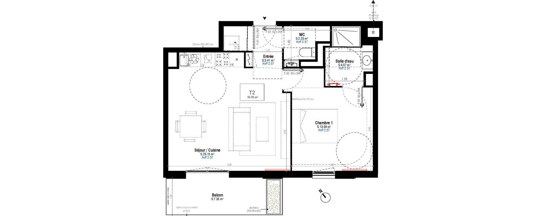 Appartement T2 de 45,95 m2 &agrave; Bordeaux Belv&eacute;d&egrave;re