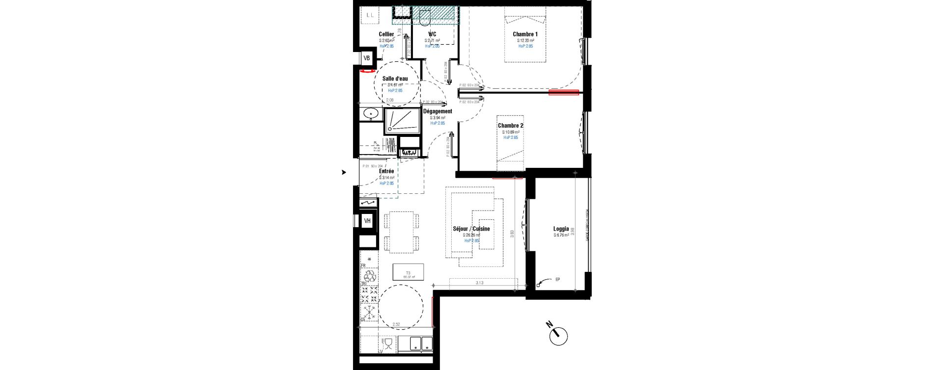 Appartement T3 de 66,37 m2 &agrave; Bordeaux Belv&eacute;d&egrave;re
