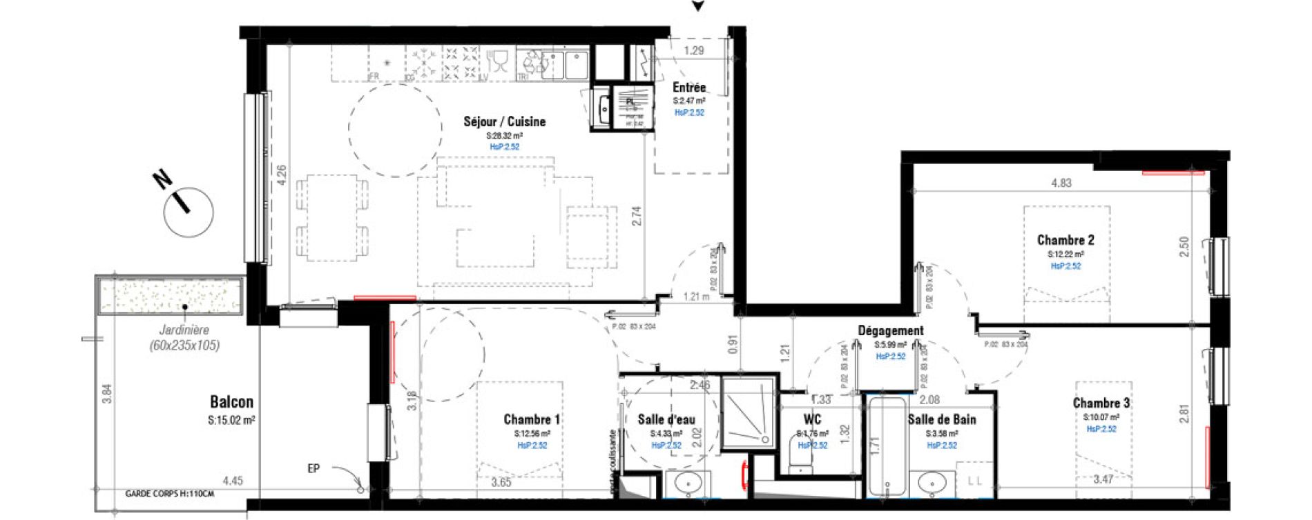 Appartement T4 de 81,30 m2 &agrave; Bordeaux Belv&eacute;d&egrave;re