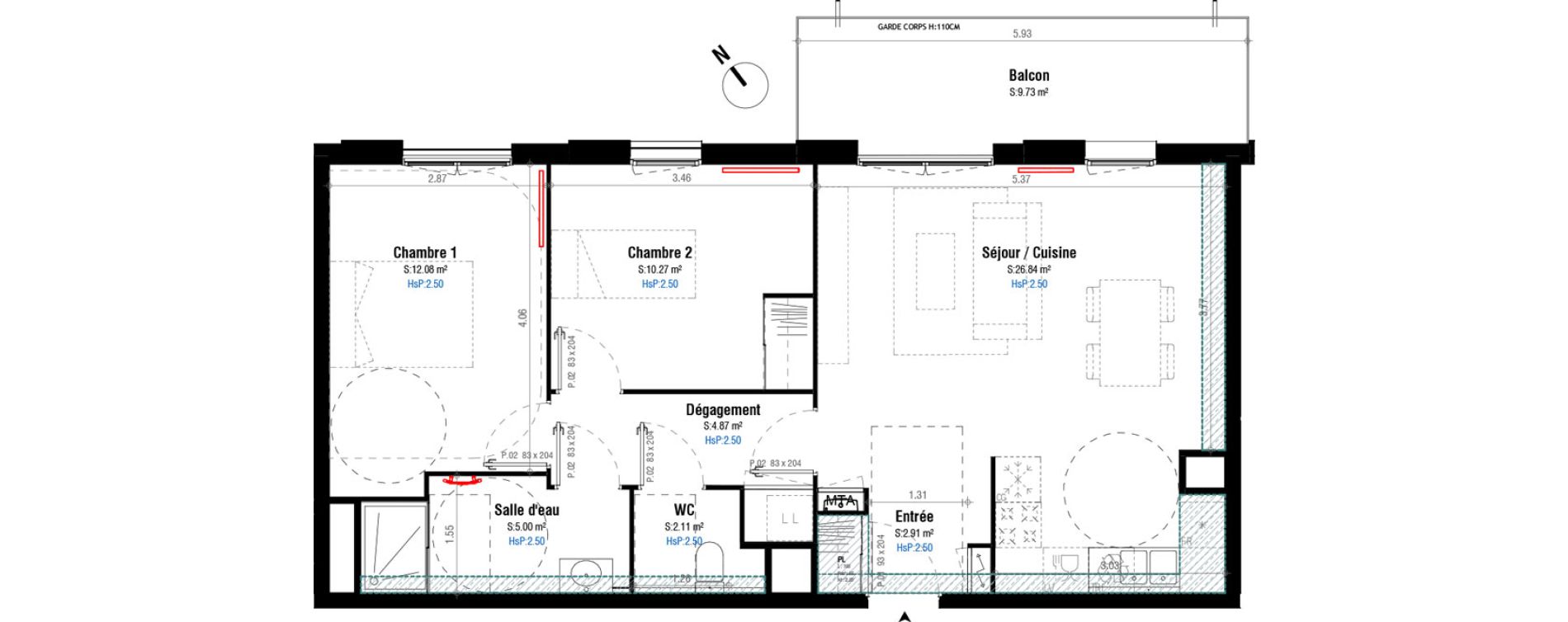 Appartement T3 de 64,08 m2 &agrave; Bordeaux Belv&eacute;d&egrave;re