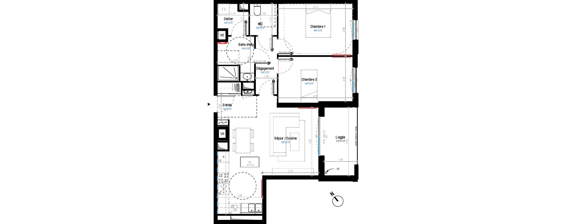 Appartement T3 de 65,71 m2 &agrave; Bordeaux Belv&eacute;d&egrave;re