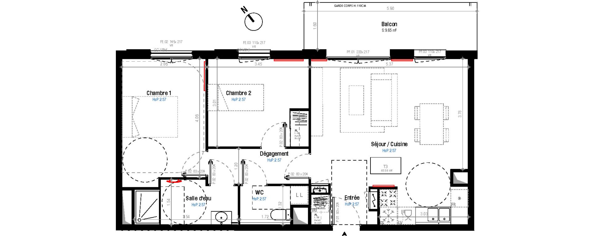 Appartement T3 de 63,56 m2 &agrave; Bordeaux Belv&eacute;d&egrave;re