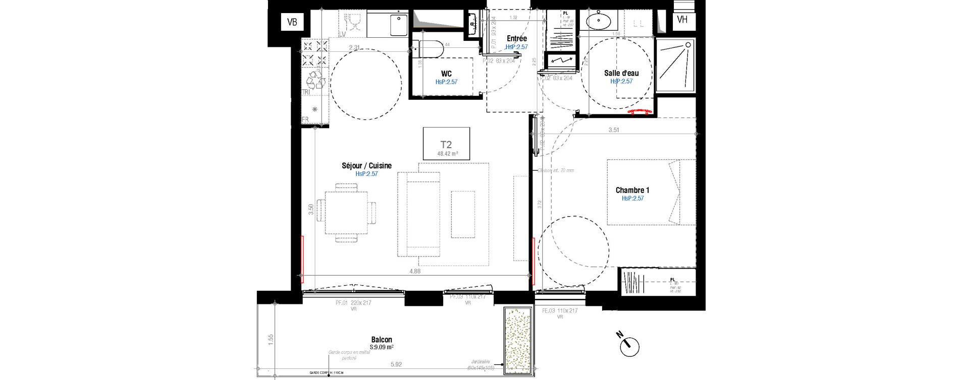 Appartement T2 de 48,42 m2 &agrave; Bordeaux Belv&eacute;d&egrave;re