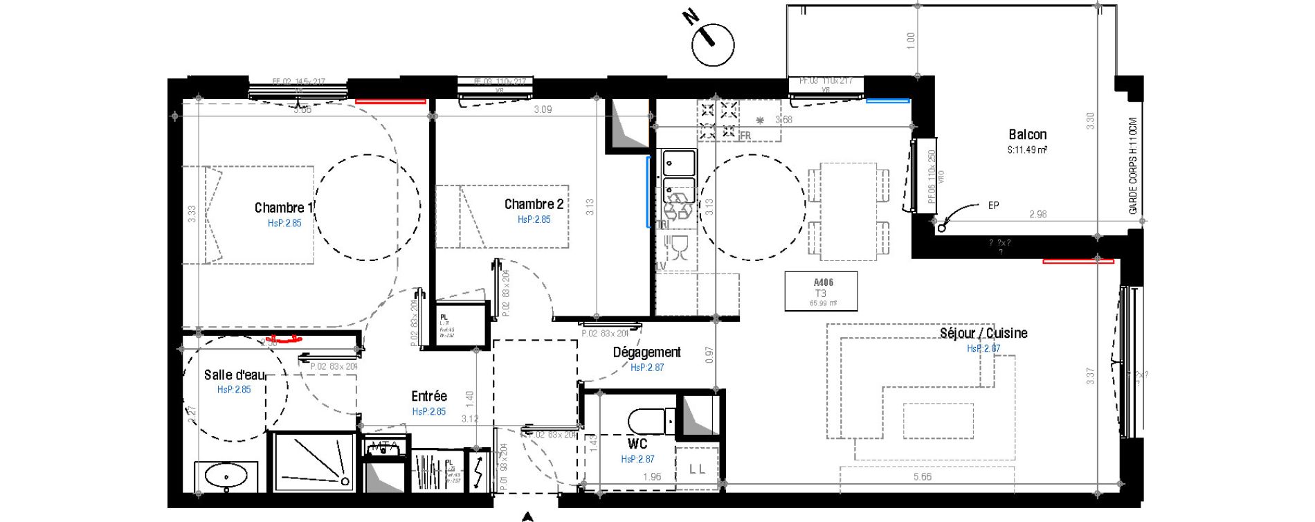 Appartement T3 de 65,99 m2 &agrave; Bordeaux Belv&eacute;d&egrave;re