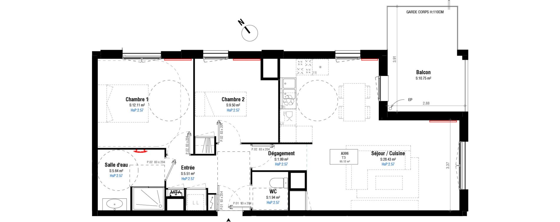 Appartement T3 de 65,12 m2 &agrave; Bordeaux Belv&eacute;d&egrave;re
