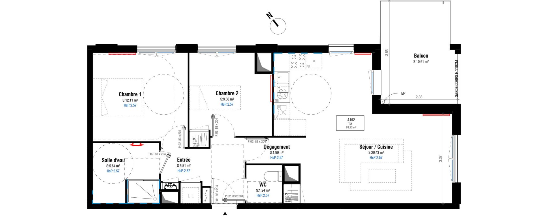 Appartement T3 de 65,12 m2 &agrave; Bordeaux Belv&eacute;d&egrave;re