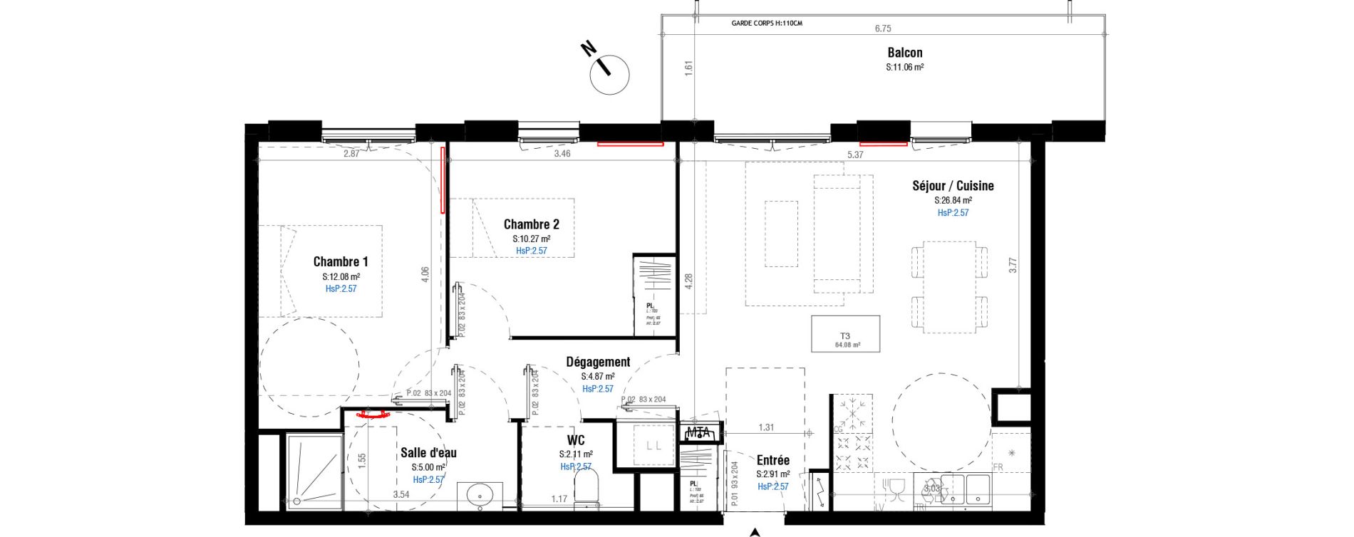 Appartement T3 de 64,08 m2 &agrave; Bordeaux Belv&eacute;d&egrave;re
