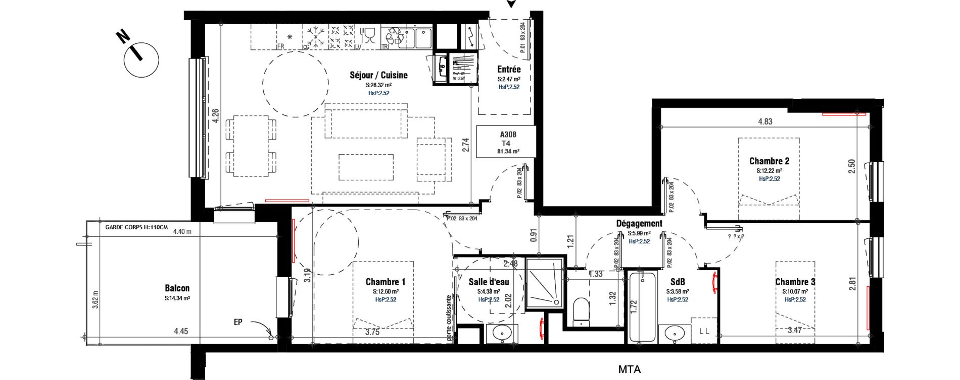 Appartement T4 de 81,34 m2 &agrave; Bordeaux Belv&eacute;d&egrave;re