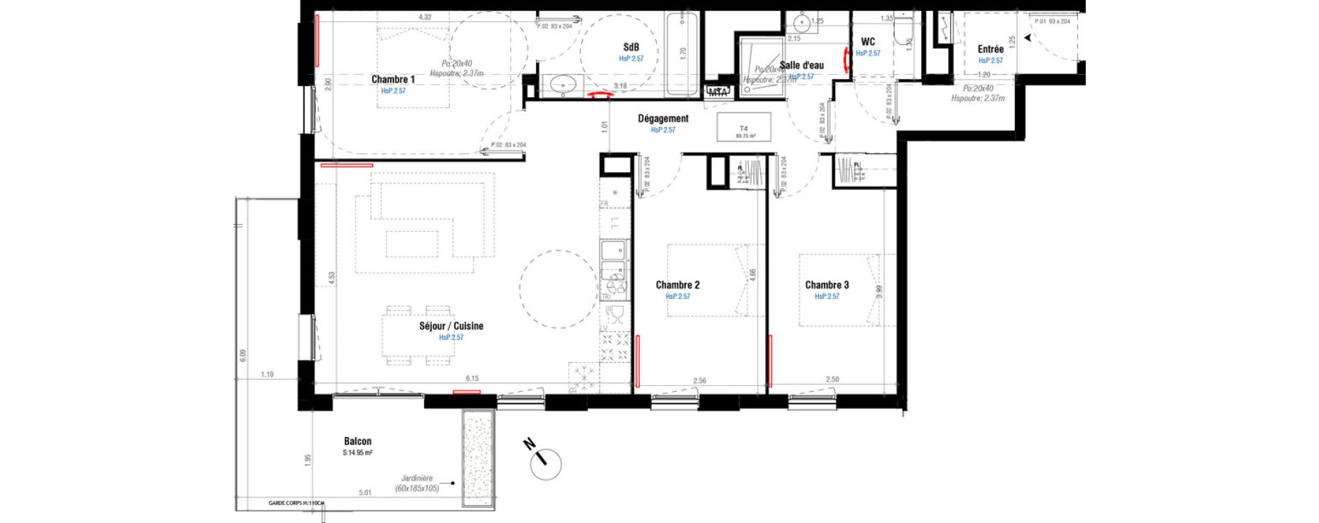 Appartement T4 de 86,75 m2 &agrave; Bordeaux Belv&eacute;d&egrave;re