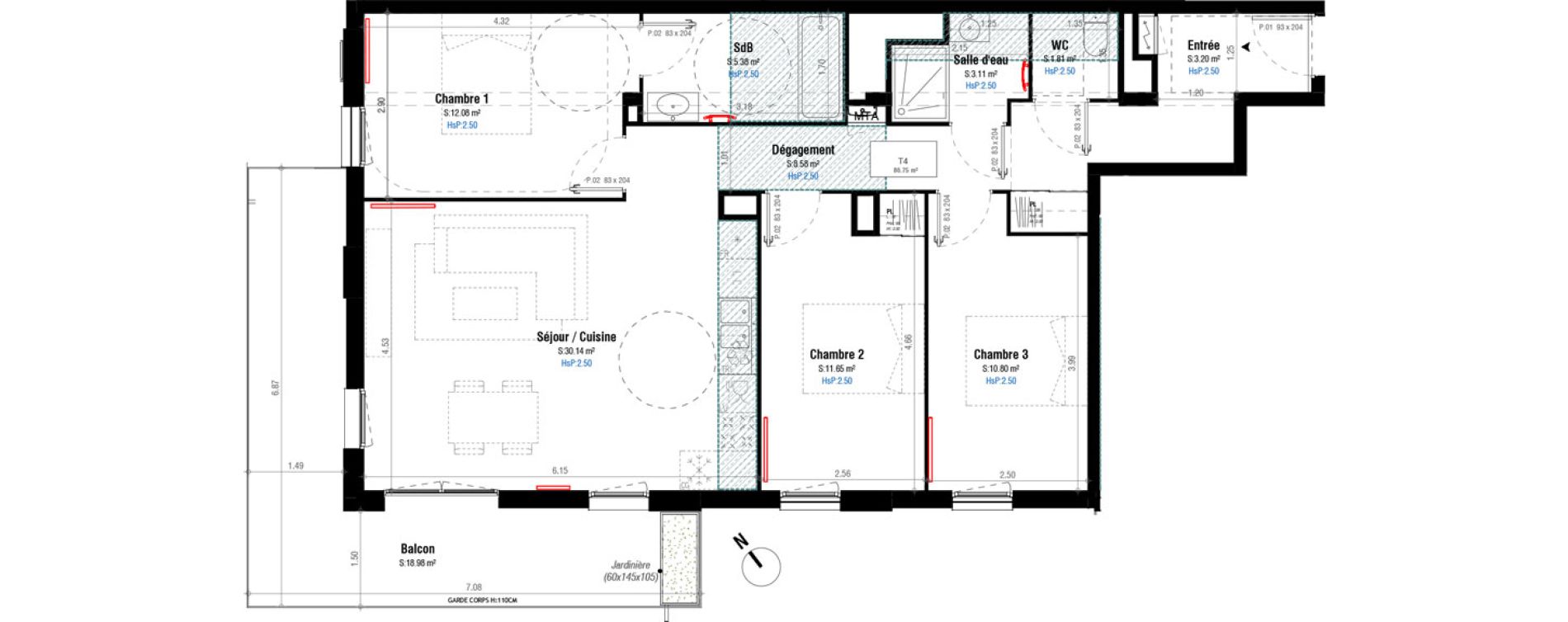 Appartement T4 de 86,75 m2 &agrave; Bordeaux Belv&eacute;d&egrave;re