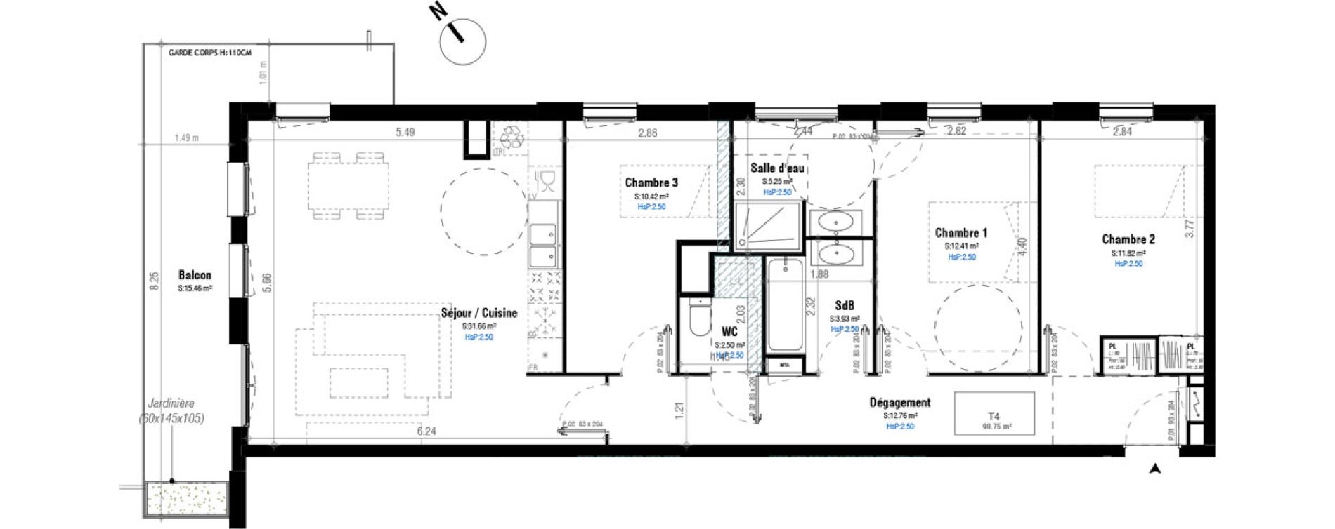 Appartement T4 de 90,75 m2 &agrave; Bordeaux Belv&eacute;d&egrave;re