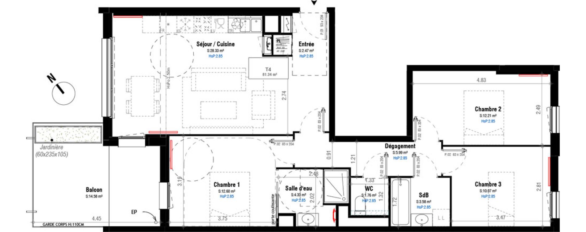 Appartement T4 de 81,34 m2 &agrave; Bordeaux Belv&eacute;d&egrave;re