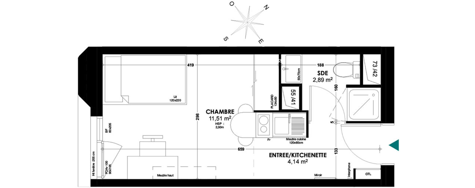 Appartement T1 de 18,54 m2 &agrave; Bordeaux Belv&eacute;d&egrave;re