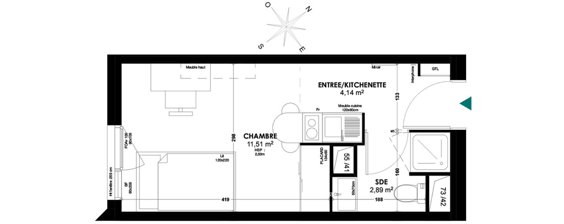 Appartement T1 de 18,54 m2 &agrave; Bordeaux Belv&eacute;d&egrave;re