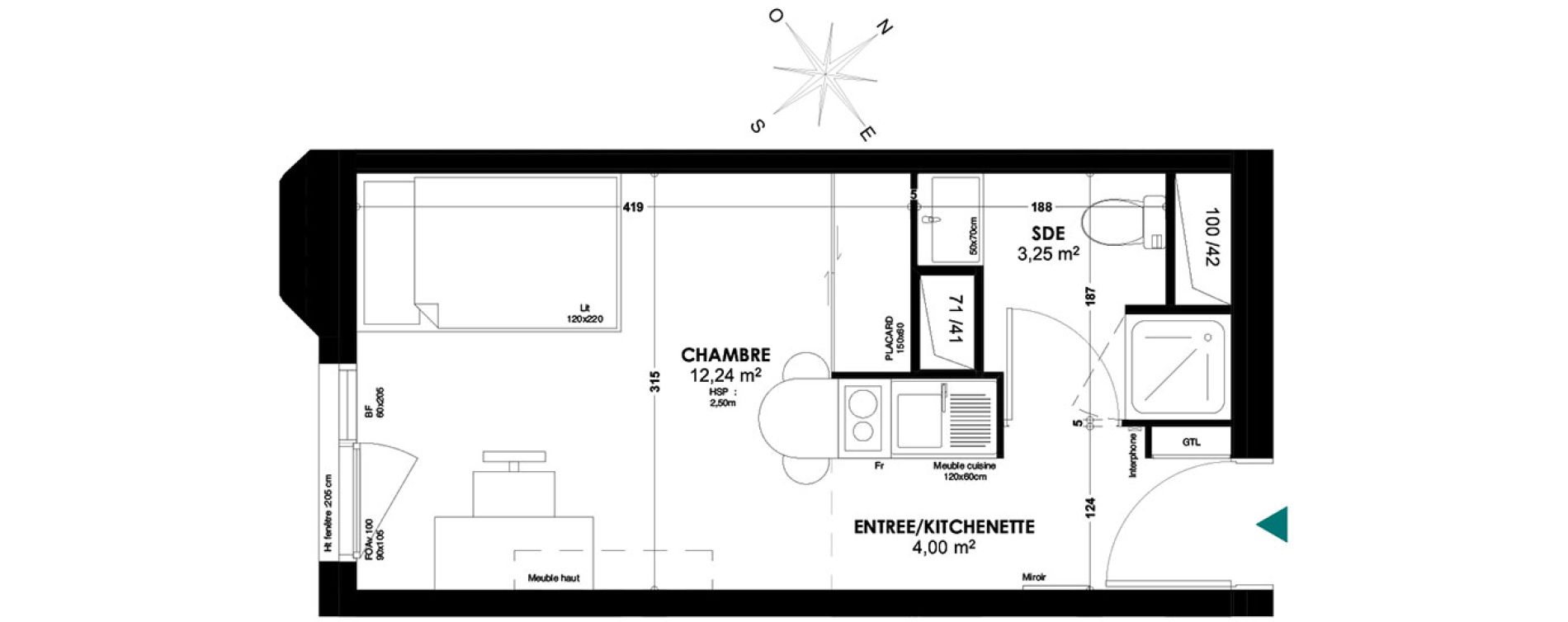 Appartement T1 de 19,49 m2 &agrave; Bordeaux Belv&eacute;d&egrave;re