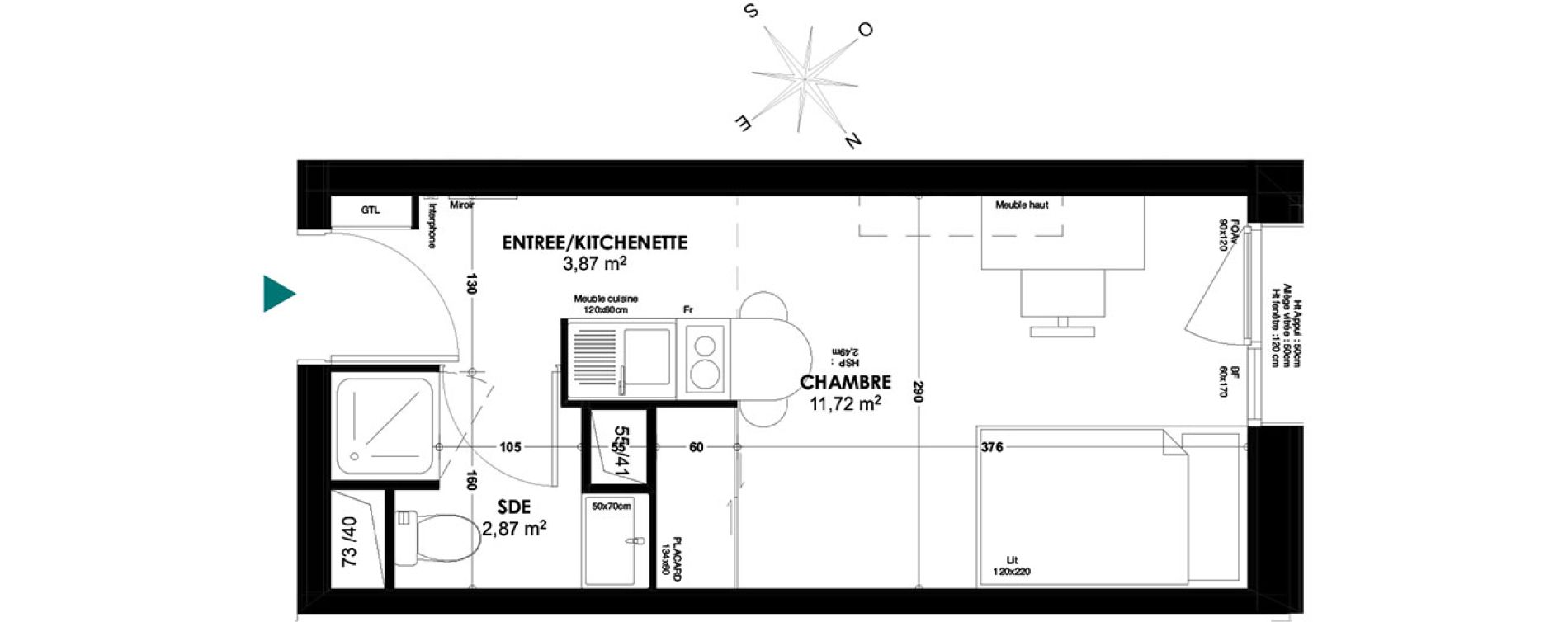 Appartement T1 de 18,46 m2 &agrave; Bordeaux Belv&eacute;d&egrave;re