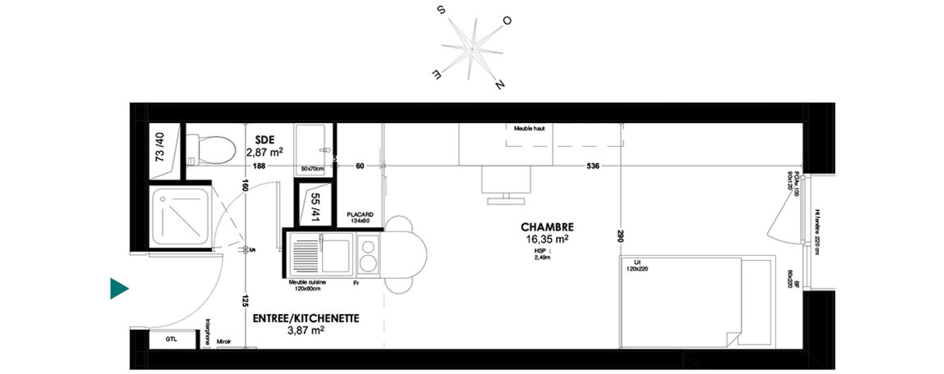 Appartement T1 de 23,09 m2 &agrave; Bordeaux Belv&eacute;d&egrave;re