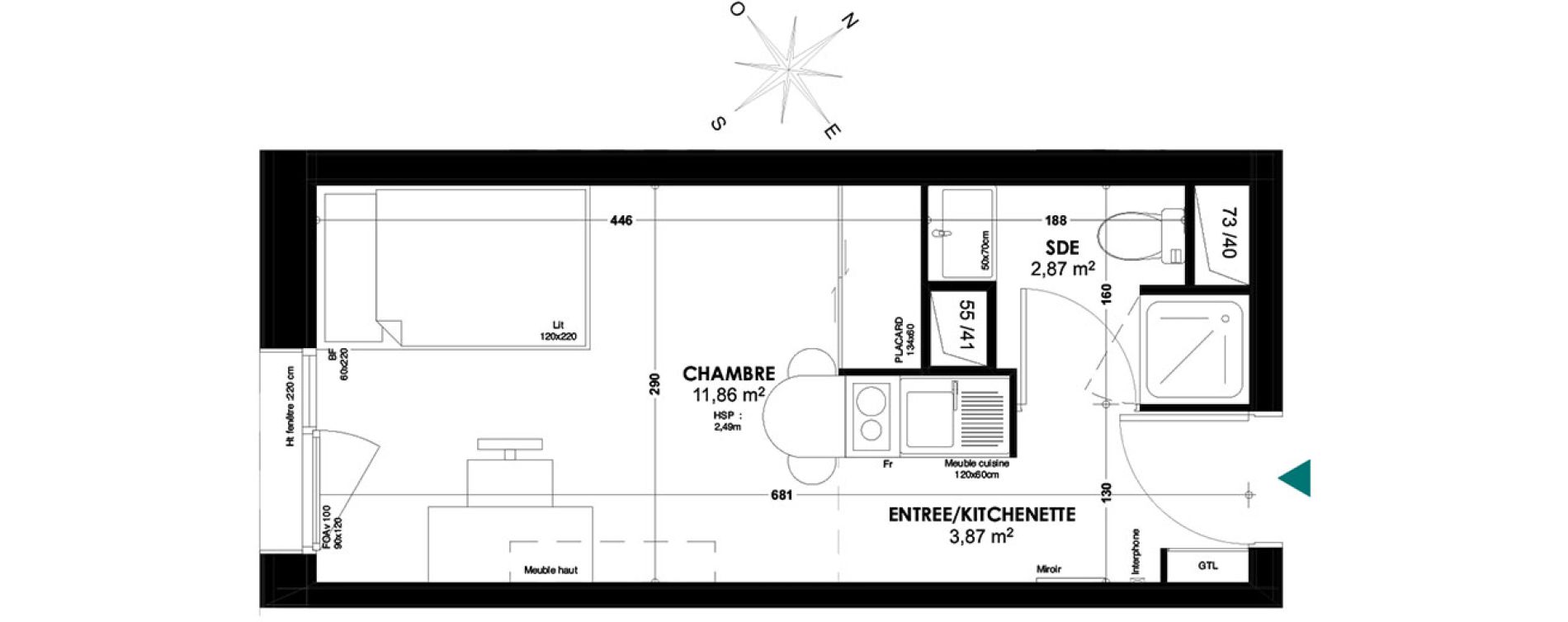 Appartement T1 de 18,60 m2 &agrave; Bordeaux Belv&eacute;d&egrave;re