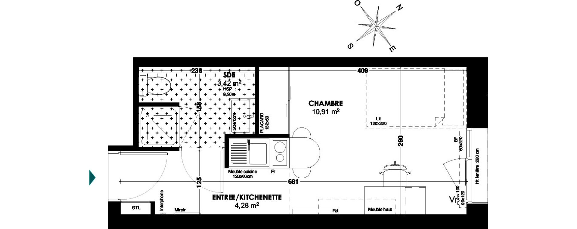 Appartement T1 de 18,61 m2 &agrave; Bordeaux Belv&eacute;d&egrave;re