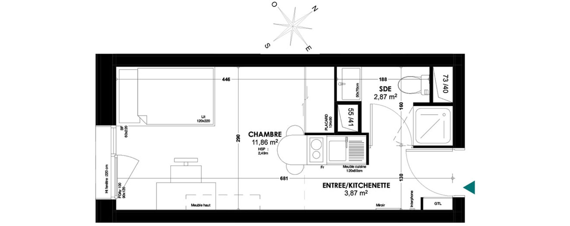 Appartement T1 de 18,60 m2 &agrave; Bordeaux Belv&eacute;d&egrave;re