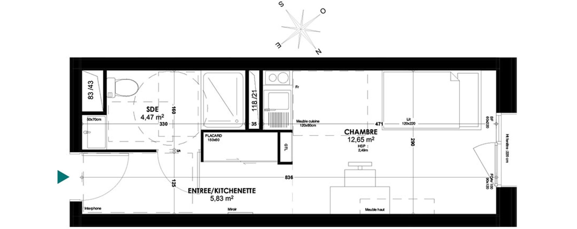 Appartement T1 de 22,95 m2 &agrave; Bordeaux Belv&eacute;d&egrave;re
