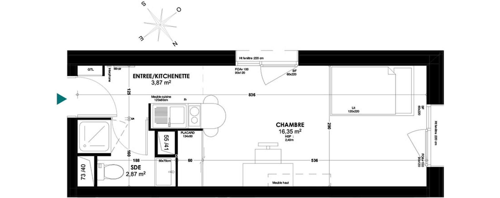 Appartement T1 de 23,09 m2 &agrave; Bordeaux Belv&eacute;d&egrave;re