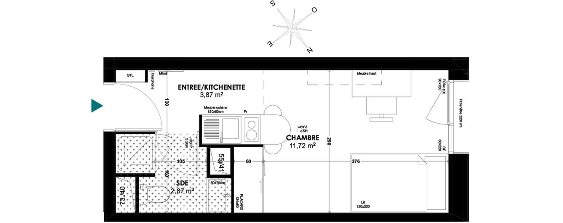 Appartement T1 de 18,46 m2 &agrave; Bordeaux Belv&eacute;d&egrave;re