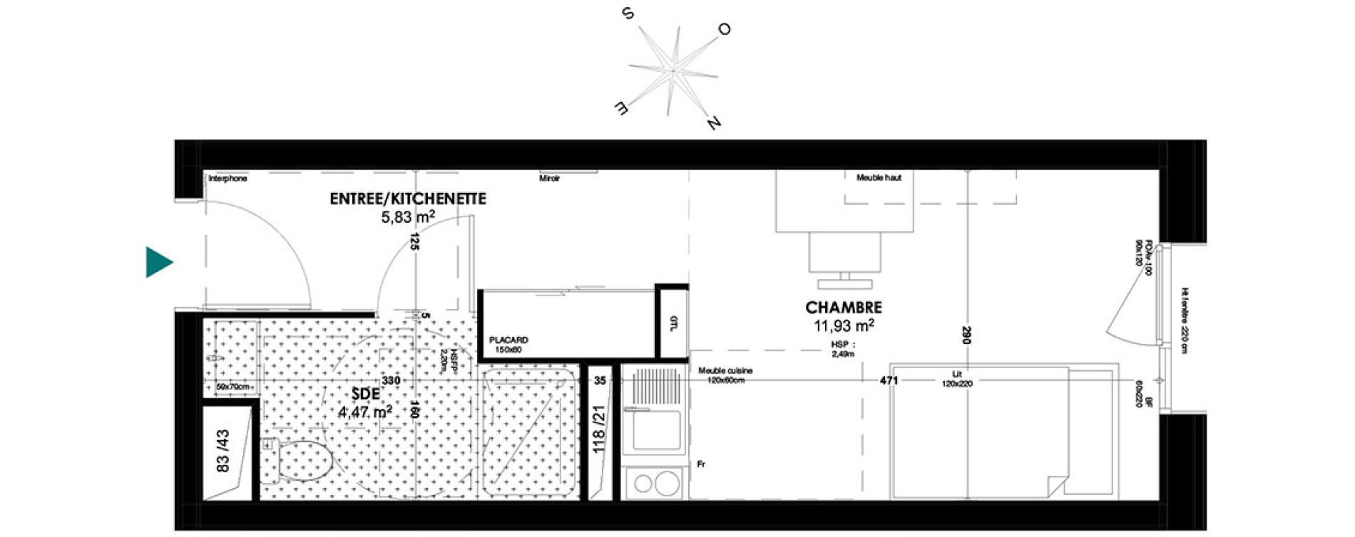 Appartement T1 de 22,23 m2 &agrave; Bordeaux Belv&eacute;d&egrave;re