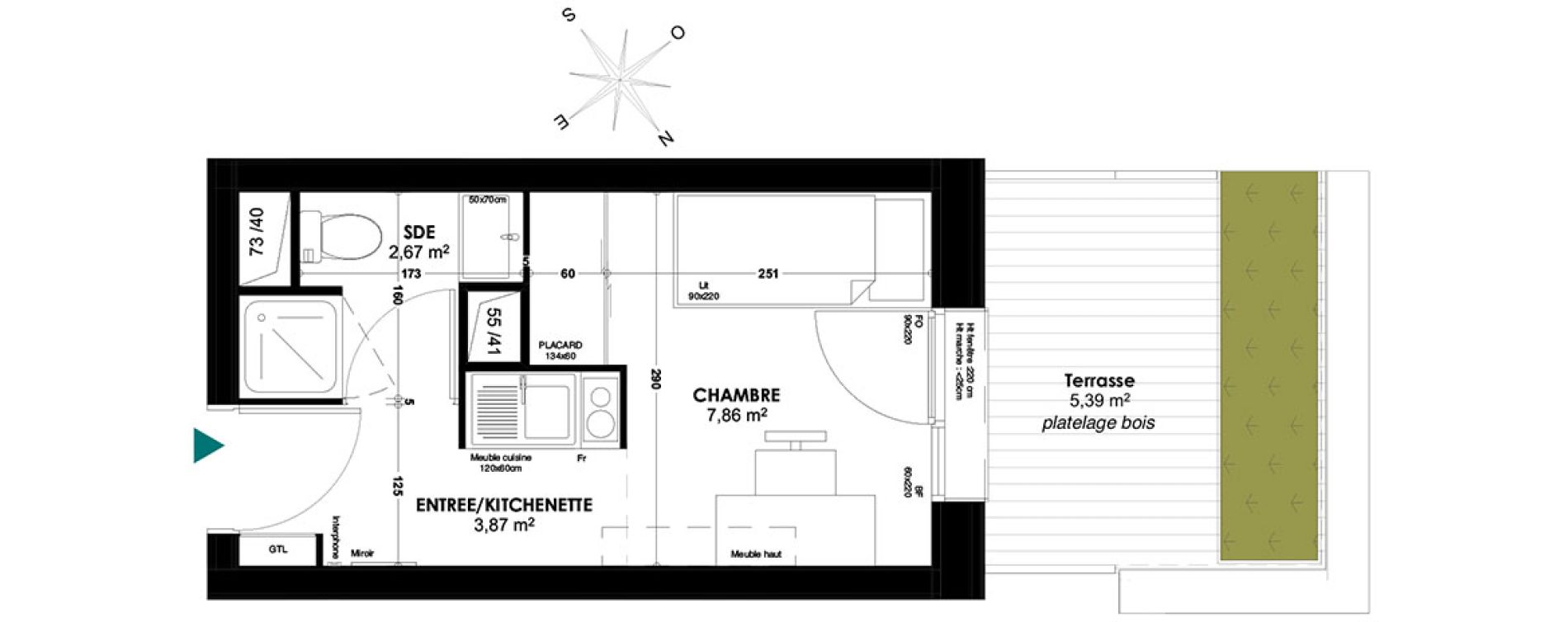Appartement T1 de 14,40 m2 &agrave; Bordeaux Belv&eacute;d&egrave;re