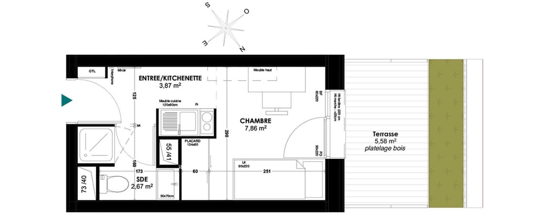 Appartement T1 de 14,40 m2 &agrave; Bordeaux Belv&eacute;d&egrave;re
