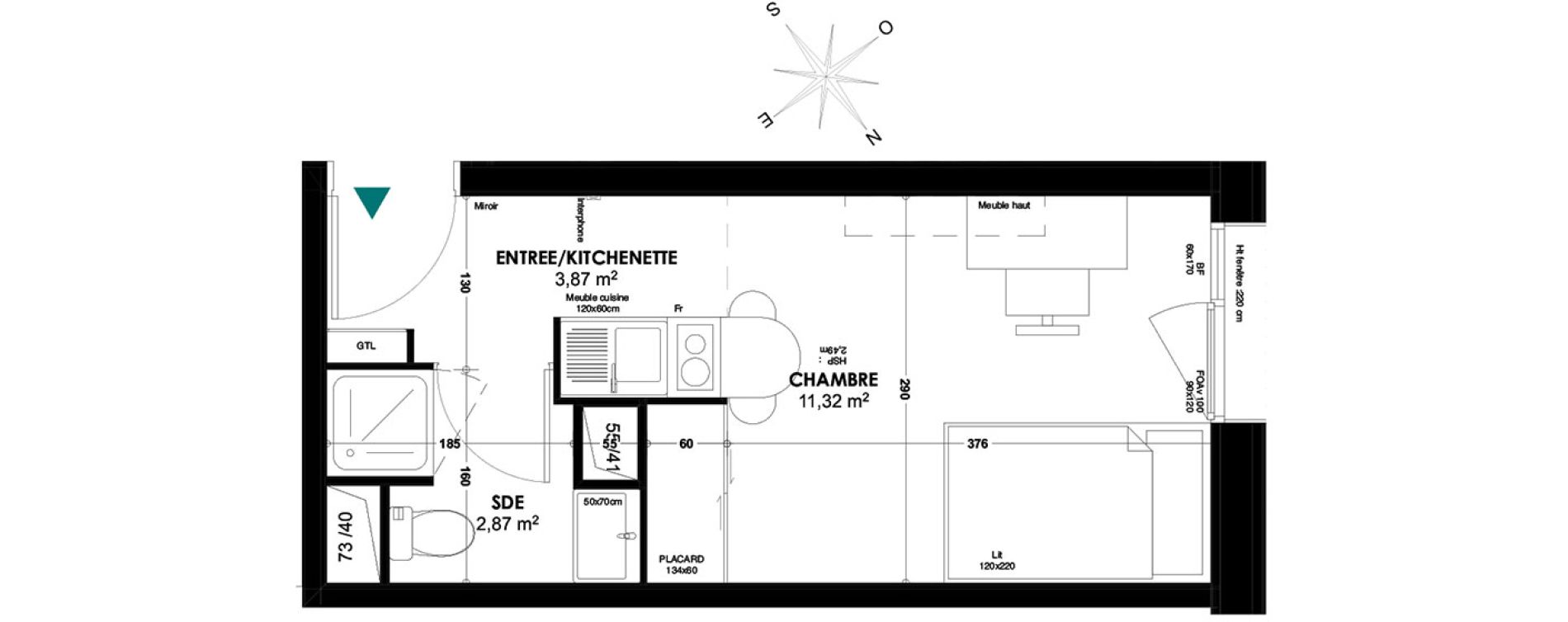 Appartement T1 de 18,06 m2 &agrave; Bordeaux Belv&eacute;d&egrave;re