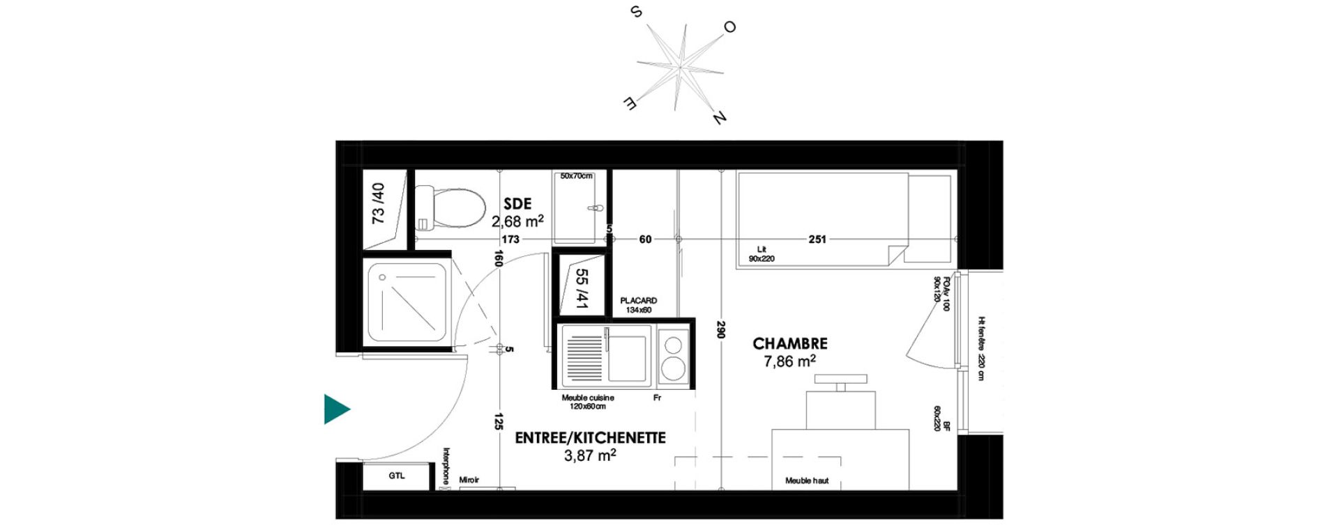 Appartement T1 de 14,41 m2 &agrave; Bordeaux Belv&eacute;d&egrave;re