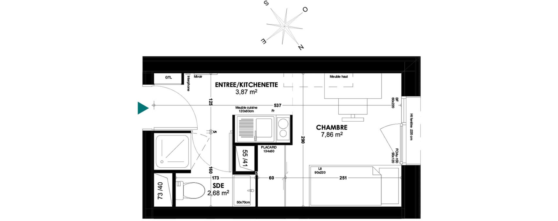 Appartement T1 de 14,41 m2 &agrave; Bordeaux Belv&eacute;d&egrave;re
