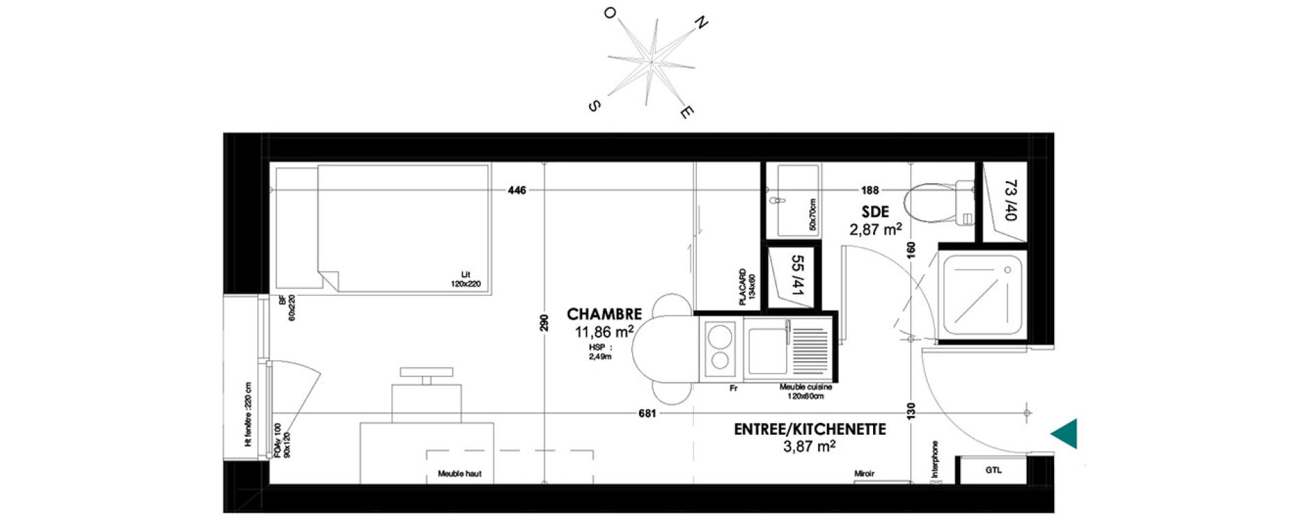 Appartement T1 de 18,60 m2 &agrave; Bordeaux Belv&eacute;d&egrave;re