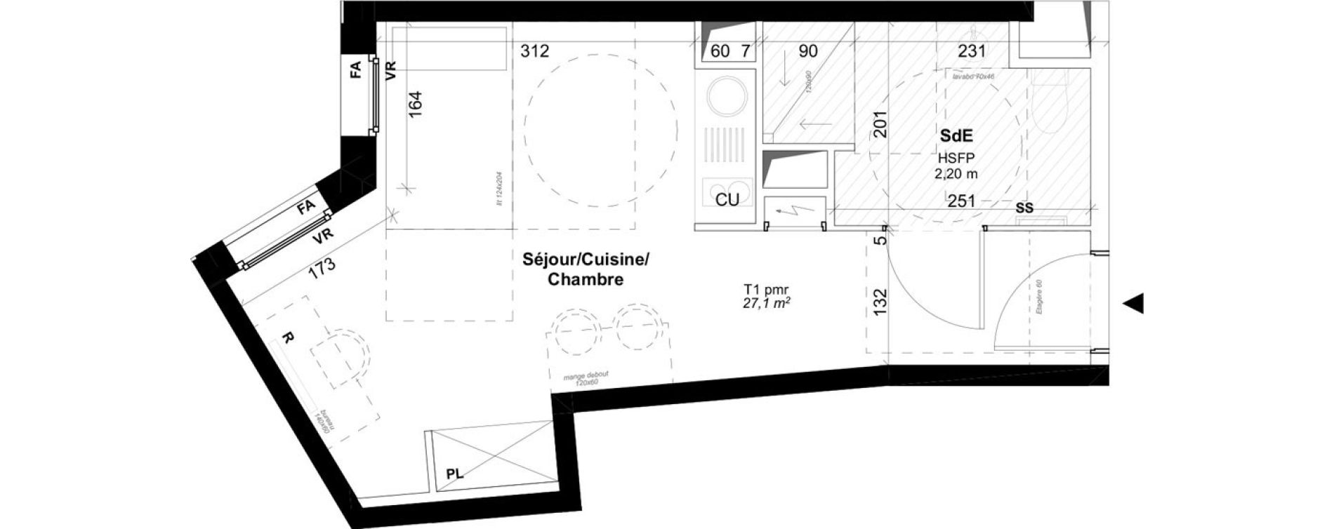Appartement T1 meubl&eacute; de 27,10 m2 &agrave; Bordeaux Gare saint jean