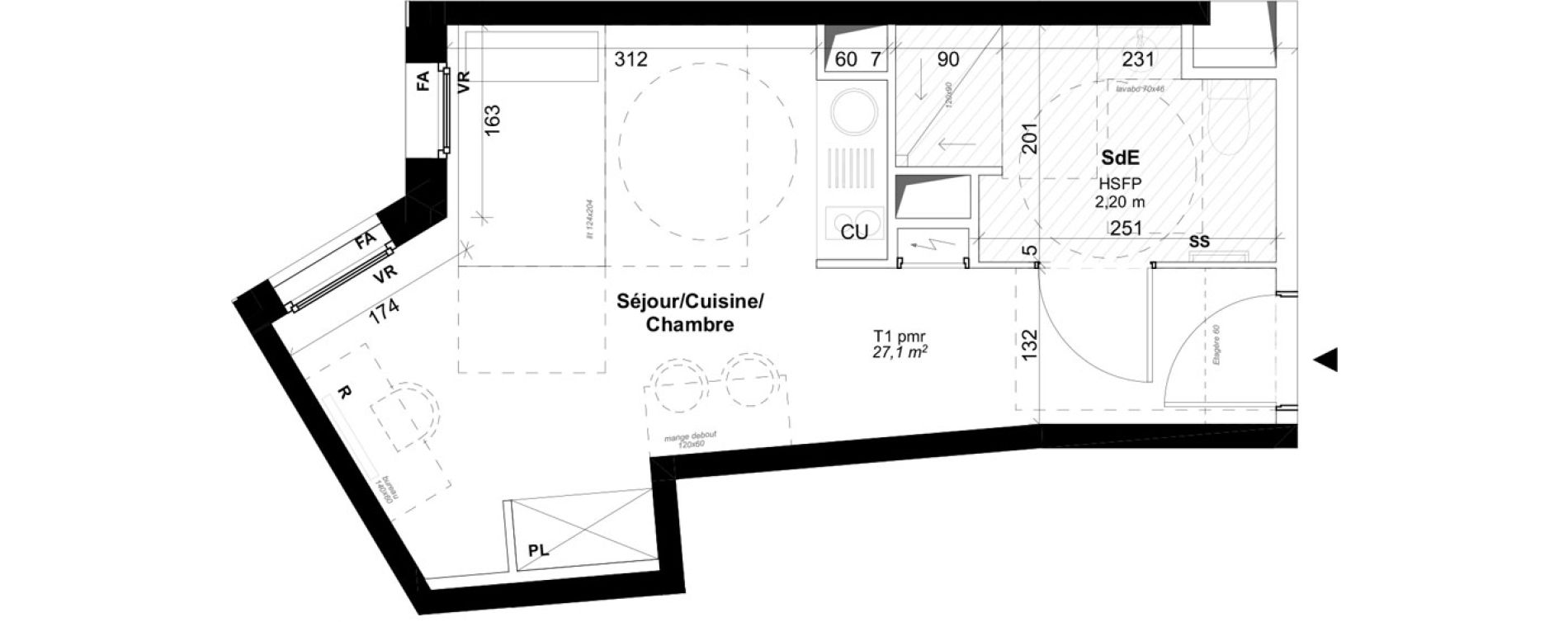 Appartement T1 meubl&eacute; de 27,10 m2 &agrave; Bordeaux Gare saint jean