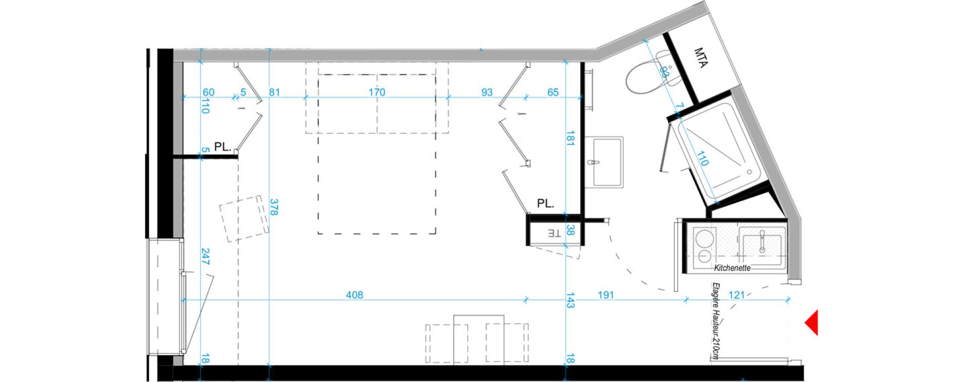 Appartement T1 meubl&eacute; de 24,40 m2 &agrave; Bordeaux Bastide niel