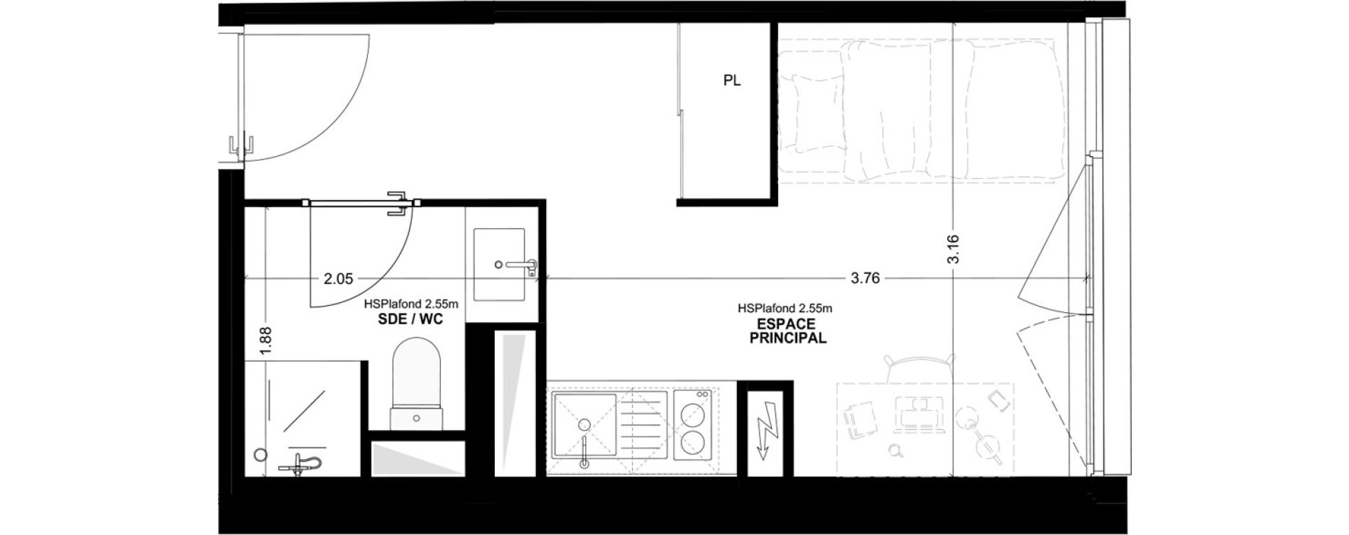 Studio meubl&eacute; de 16,71 m2 &agrave; Bordeaux Cauderan